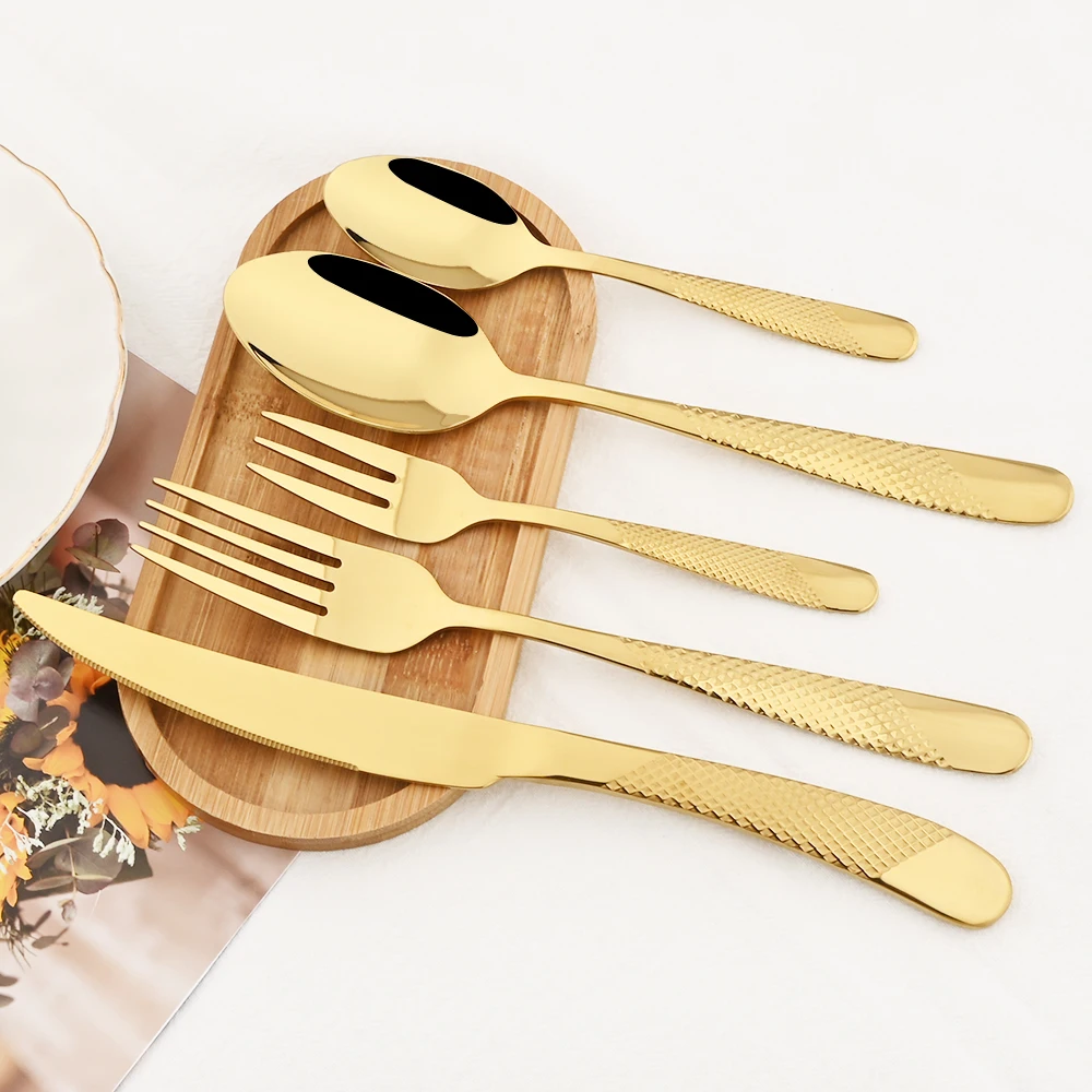 

30Pcs Gold Cutlery Set Steak Knives Fork Coffee Spoons Dinnerware Set Stainless Steel Flatware Western Vintage Kitchen Tableware