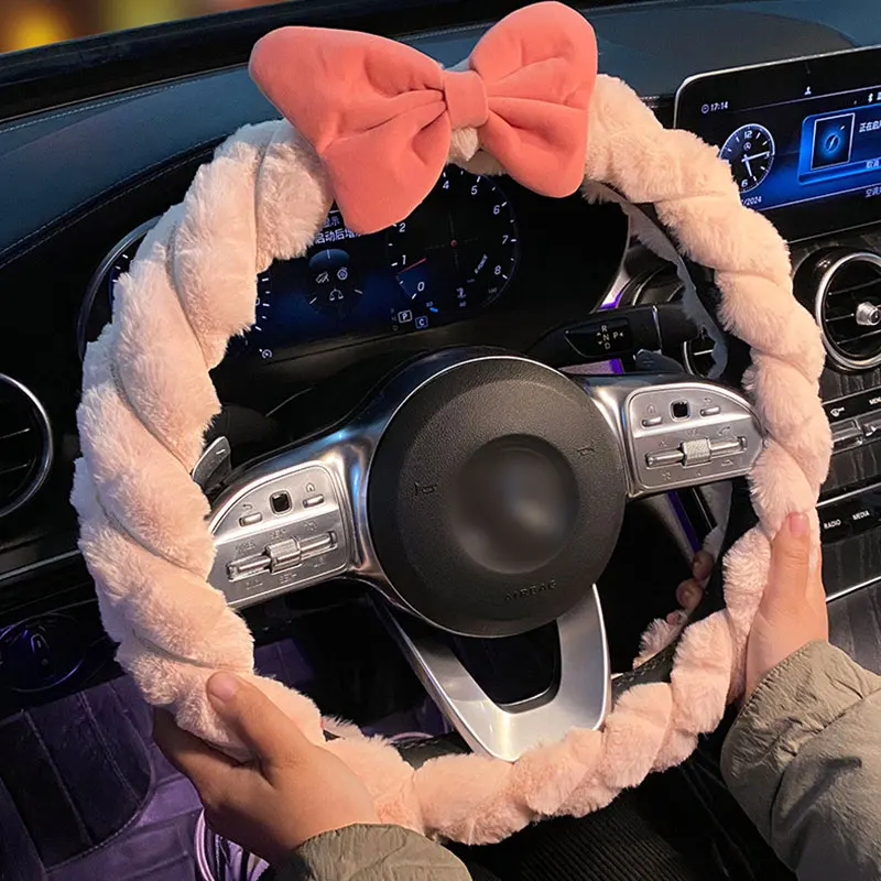 Car Steering Wheel Cover Winter Plush Protector Pink Cute Bowknot Decoration Warm Thick Plush Black White Women's Car Interior