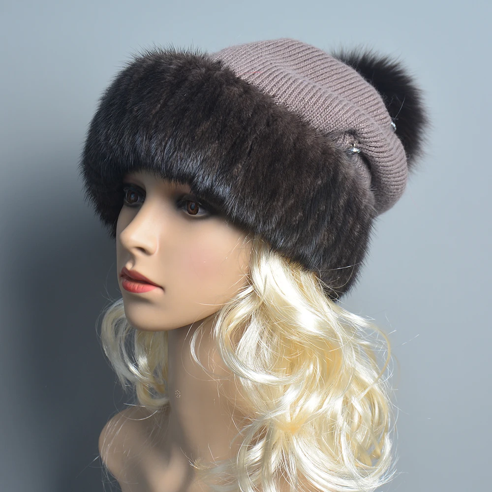 Top Quality Women\'s Winter Knitted Wool Belend Patchwork Real Mink Fur Hat Cap Natural Fox Fur Pom Poms Beanie Lady Fashion