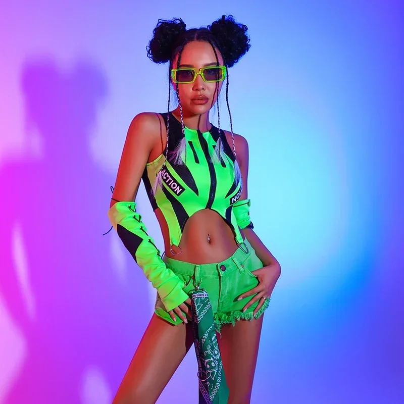 Jazz Dance Kostüme Für Frauen Sexy Fluoreszierende Grün Tops Shorts Kpop Outfits Nachtclub Bar Gogo Tänzer Kleidung DQS12771