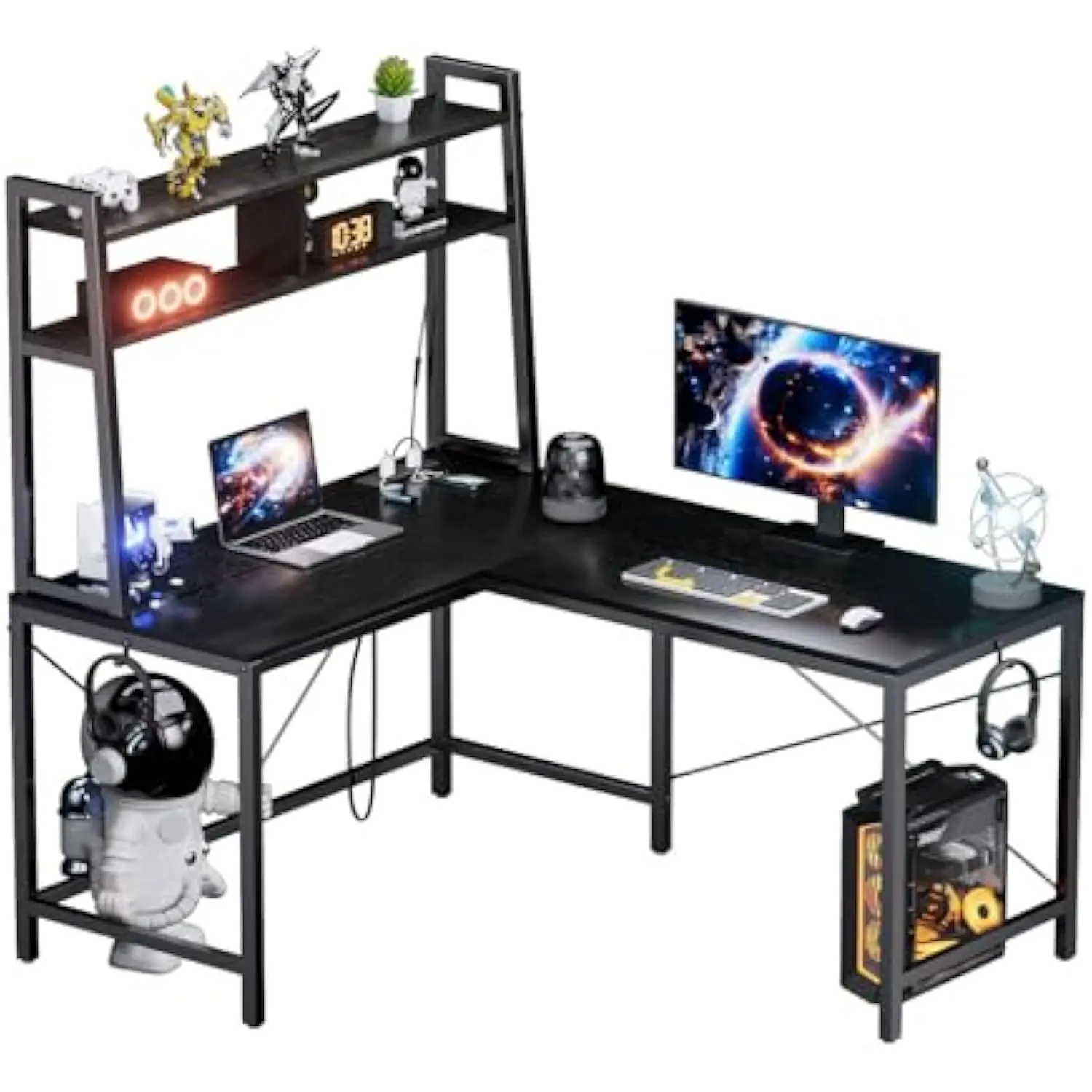 Mesa de jogos em forma de L, mesa de computador de canto de 50 polegadas com tomada elétrica e luzes LED, mesa de jogos em forma de L com armazenamento