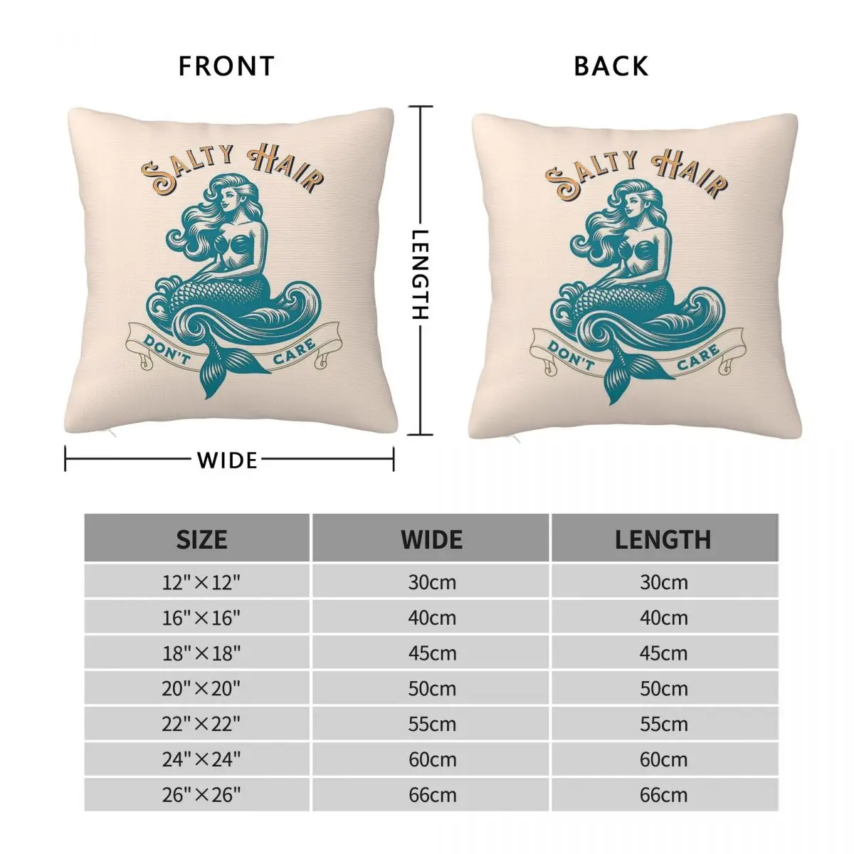 Salty Hair Don't Care Mermaid Pillowcase Polyester Linen Velvet Printed Zip Decor Home Cushion Cover