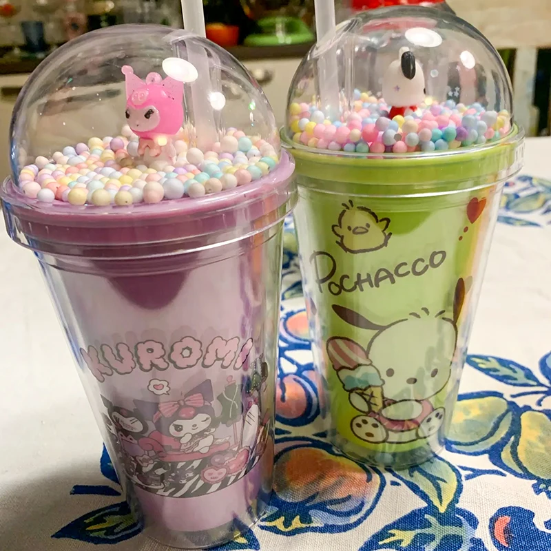 450ml Sanrio Water Bottle Anime Kuromi Plastic Cup Cartoon Portable Double Layer Heat Insulation Straw Water Glass Children Gift