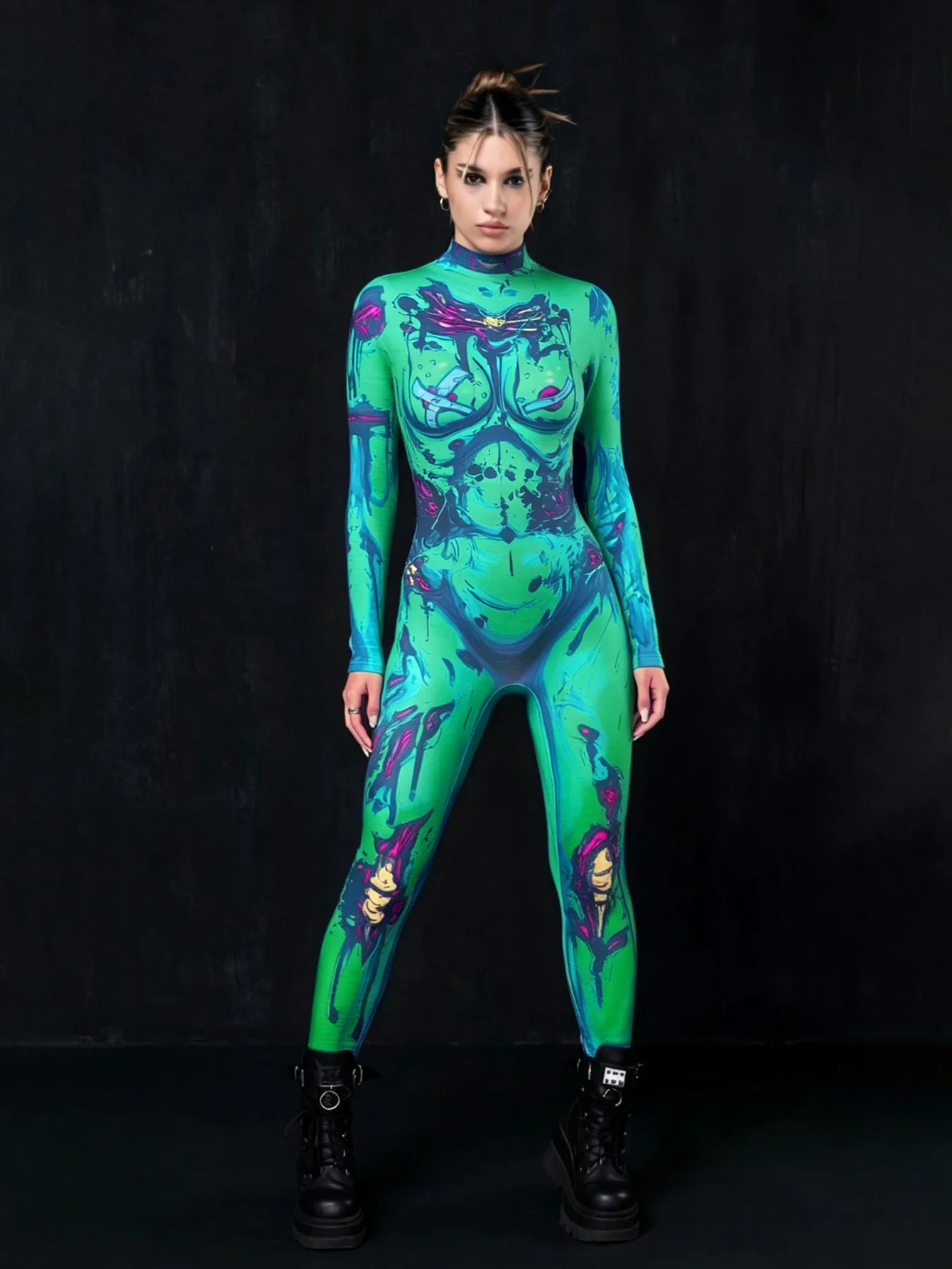 Women Sexy Color Cosplay Jumpsuit Halloween Colorful Print Zentai Suit Rave Outfits Female Aerial Yoga Unique Bodysuit