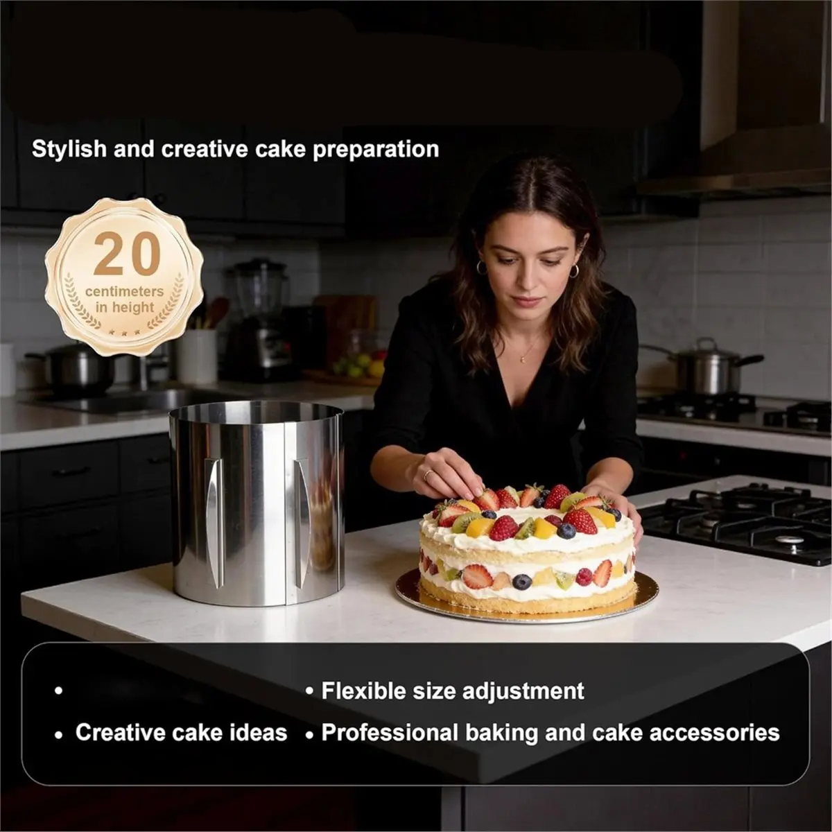 2026 New Extra-Tall (20 cm) Adjustable Cake Ring with Scale. Adjustable Stainless Steel Baking Ring (16-30 cm) ,for Baking