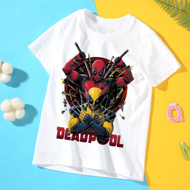 New Deadpool and Wolverine Kids T-shirts Marvel Cartoon Graphic T Shirts Boys Girls Cotton Short Sleeves Tops Children Clothing