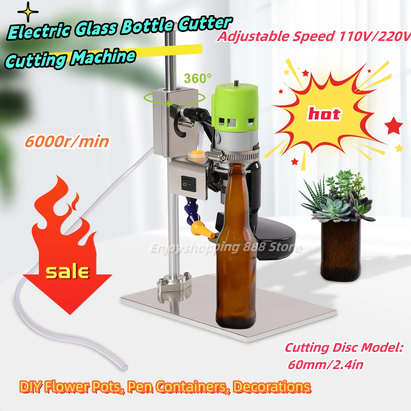 360 ° Electric Glass Bottle Cutter Cutting Machine DIY Flower Pots, Pen Containers, Decorations, Adjustable Speed 110V/220V