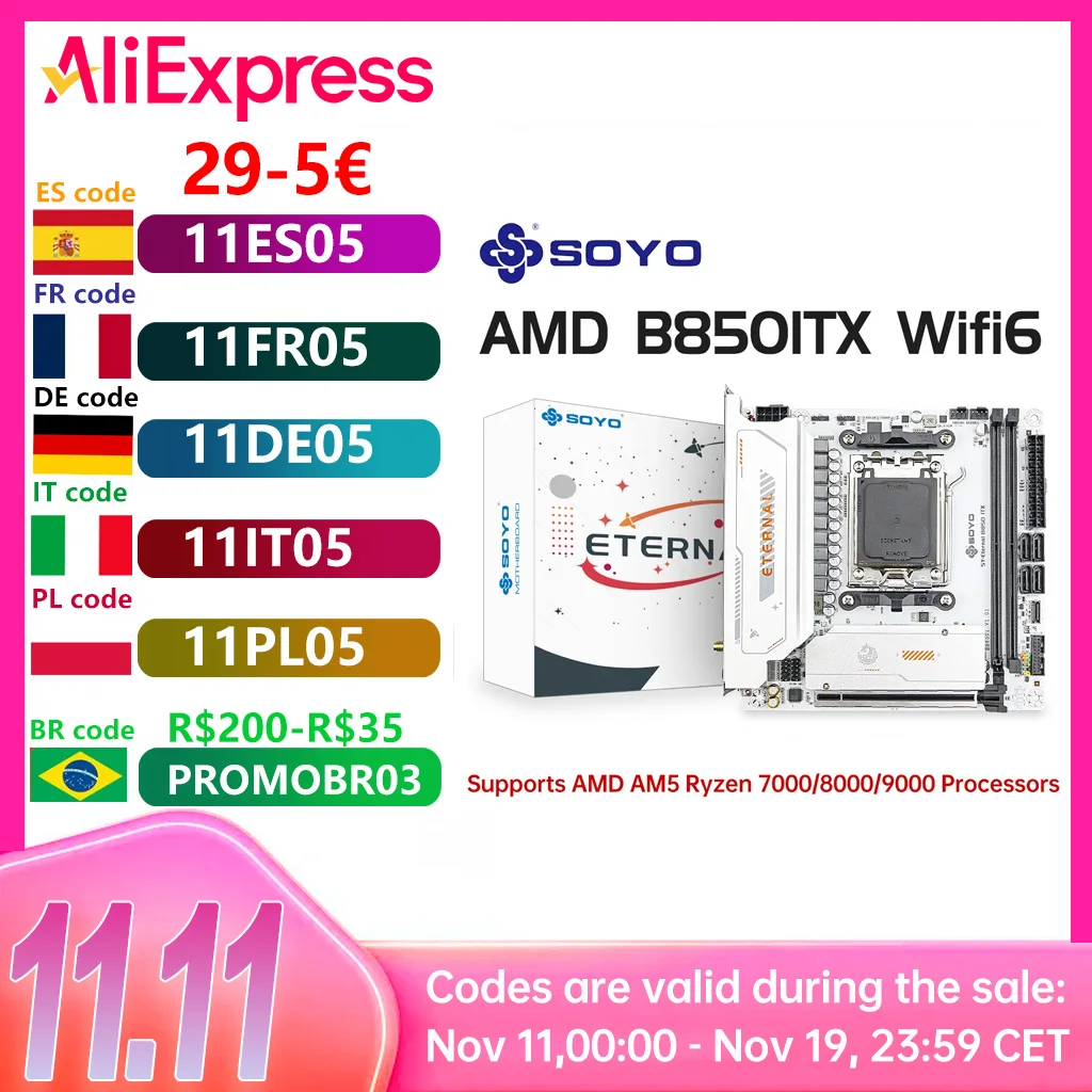 SOYO B850ITX AMD Motherboard AMD Ryzen AM5 DDR5 Supports CPU 7000 8000 9000 Processors Pcie5.0x16 Pcie4.0x4 M.2 ARGB WIFI6