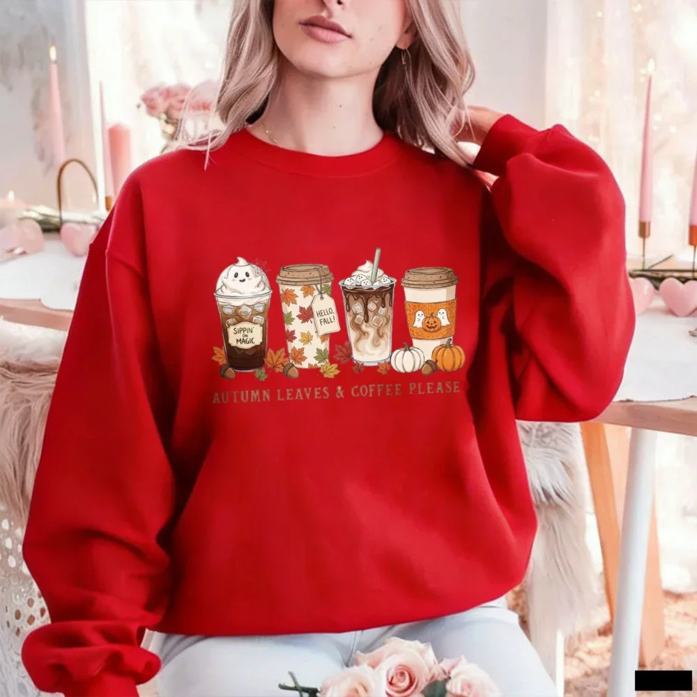 Retro Cozy Autumn Leaves and Coffee Please Sweatshirt Cute Fall Pumpkin Spice Latte Graphic Pullover Women Unisex Winter Top view 6