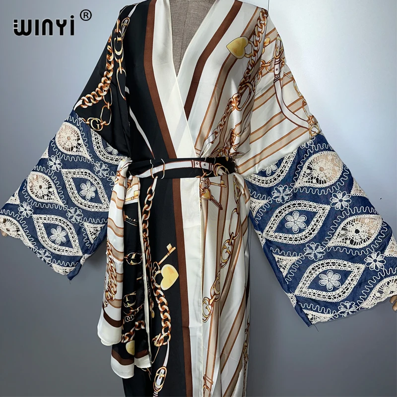 WINYI 着物風アフリカ風マキシ丈ワンピース ビーチウェア カバーアップ アバヤ ドバイ風ラグジュアリーカーディガン ビーチウェア レディース ホローカウボーイ袖コート