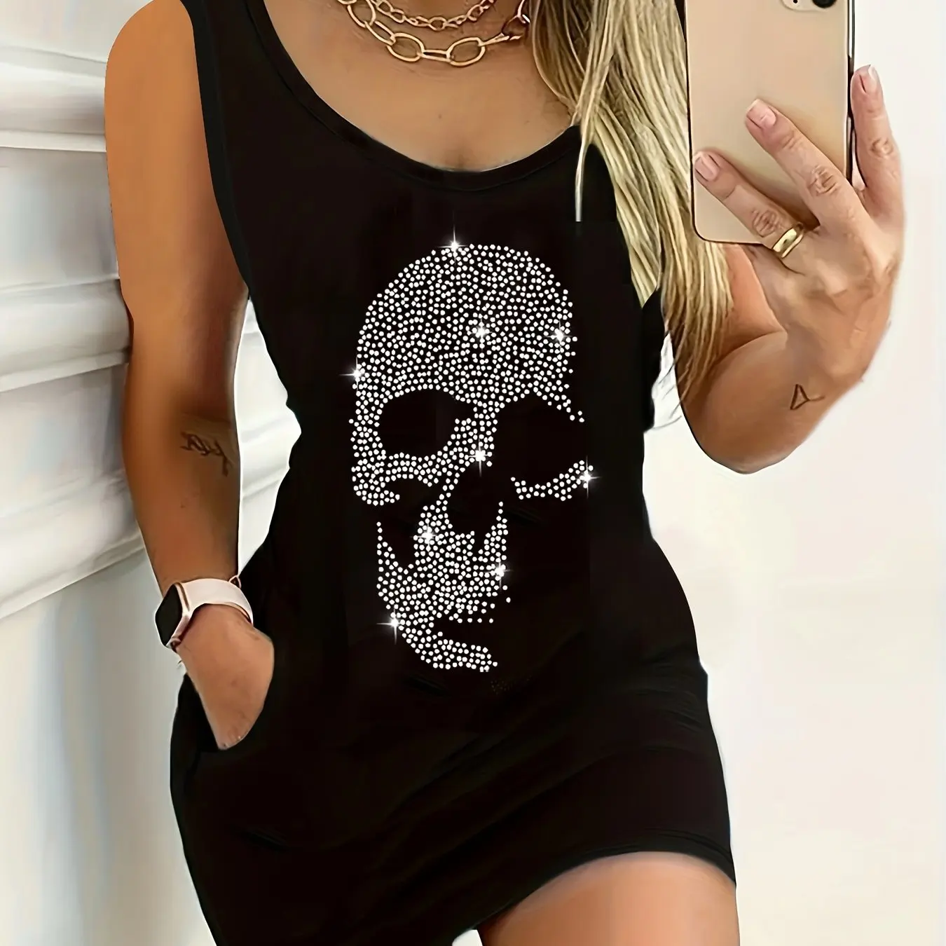 Women's Summer Sleeveless Tank Top Dress Sexy Women's summer loose sleeveless short mini dress with black print