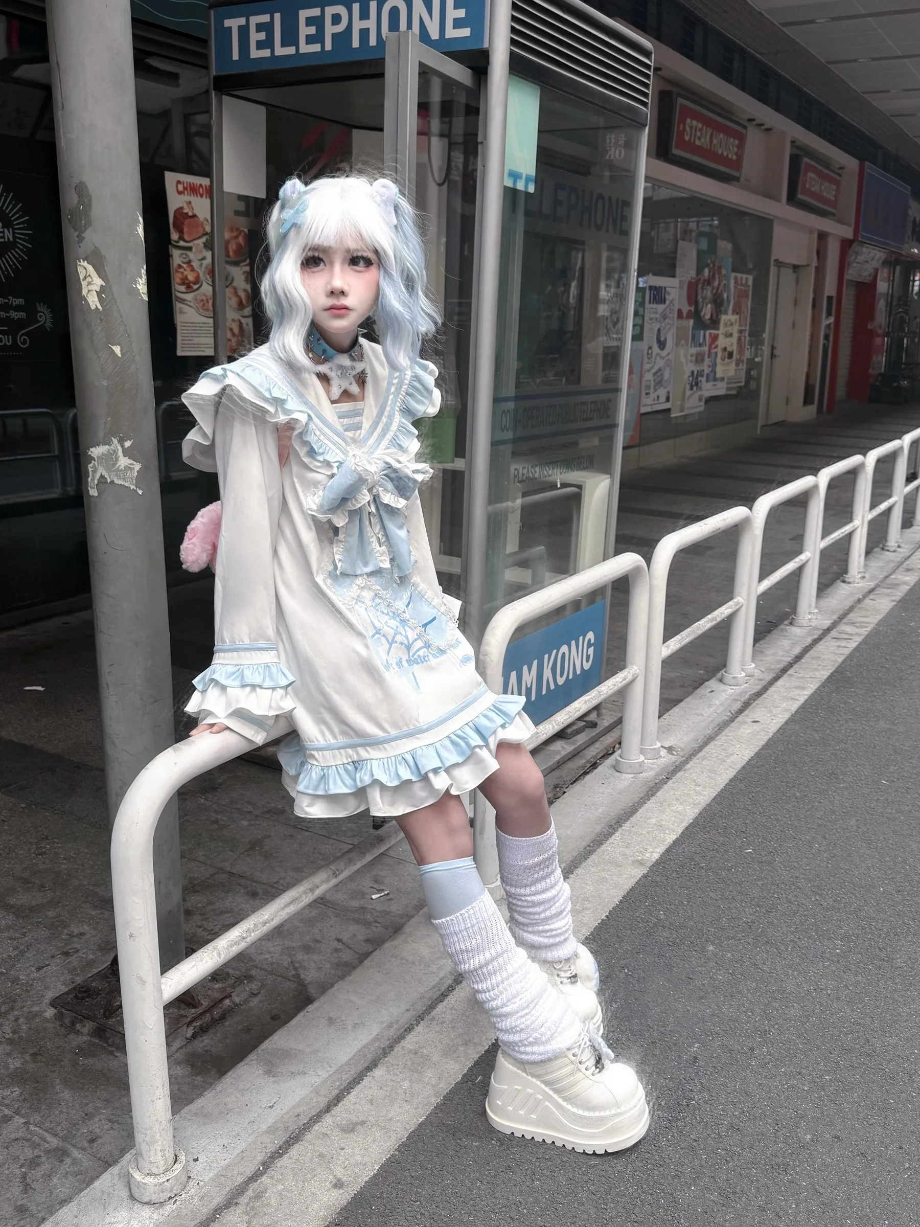 

Subculture Navy Collar Bow Long Sleeve Printed Ruffles Splicing Loose A-line dress Japanese Sweet Kawaii Short Dress Mine Style