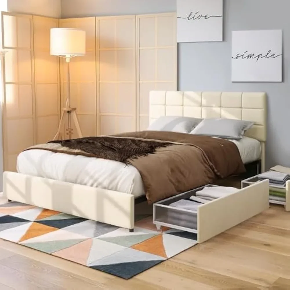 Bed Frame, Queen, with Storage, Drawers on Wheels, Fits Urban Apartment Bedroom, No Springs Required, Platform Bed Frame