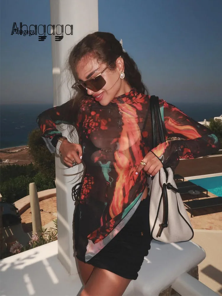 

Ahagaga Fashion Tops Sexy Print Turtleneck Skinny Regular Long Sleeves Women Tees Split Casual Streetwear Slim Female T Shirt