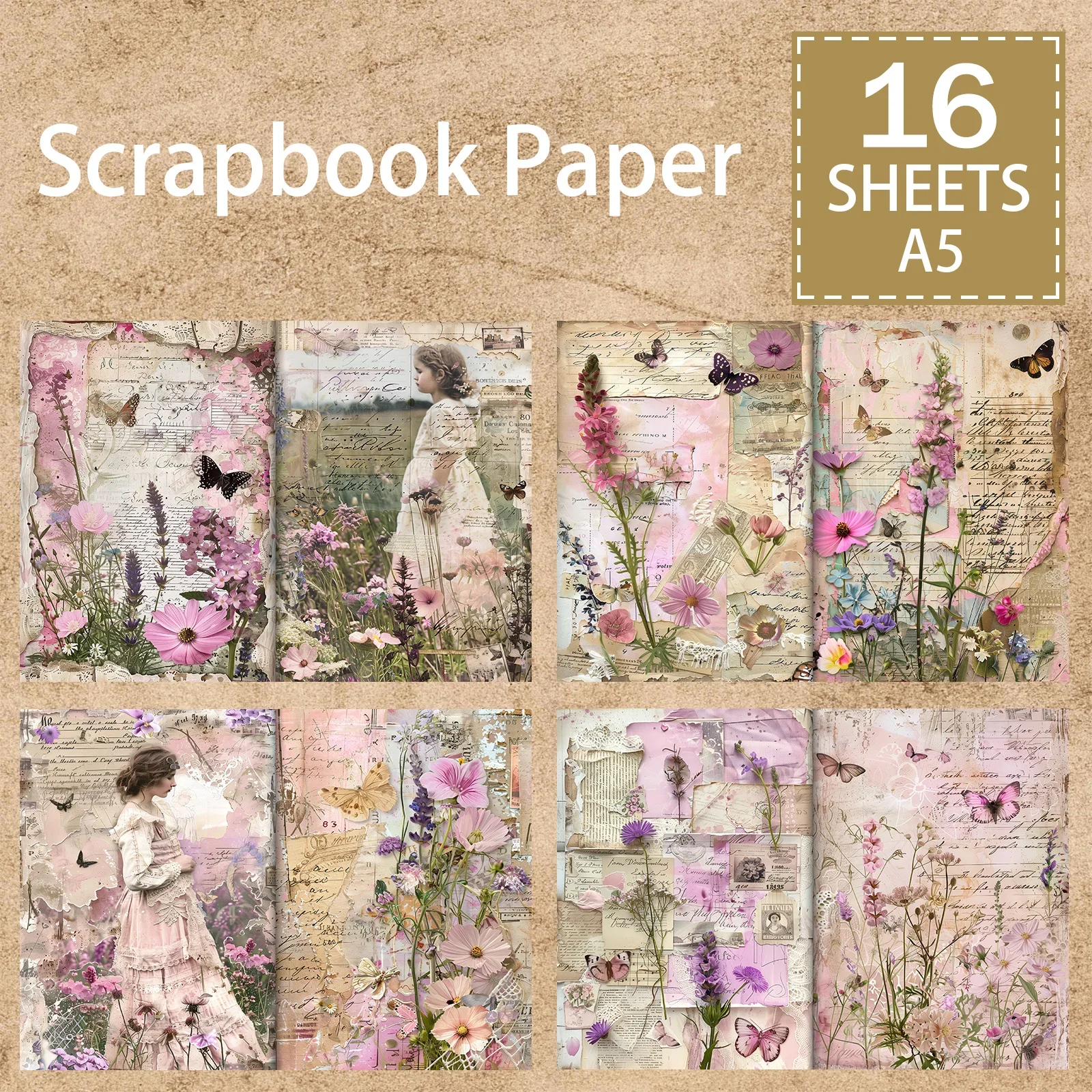 16 Sheets A5 Size Little Girl Walks Romantic Flowers Background Vintage Grunge Journal Planning Scrapbooking