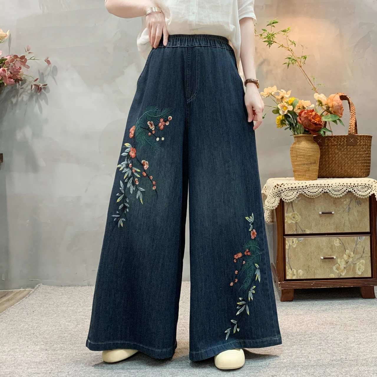 

High Waist Vintage Jeans Spring New Casual Elastic Waistline Women Pants Loose High Quality Floral Print Jeans Wide Leg Pants