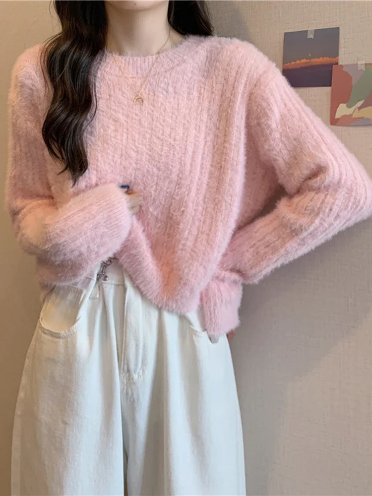 Maglioni morbidi e caldi in velluto di visone sintetico da donna autunno inverno maglione femminile allentato a maniche lunghe lavorato a maglia pullover casual solido