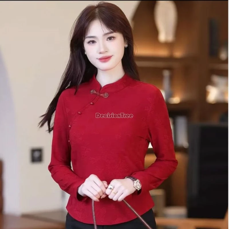 TOP spring and autumn chinese stand collar cheongsam blouse women long sleeve new fashion national style retro disc shirt