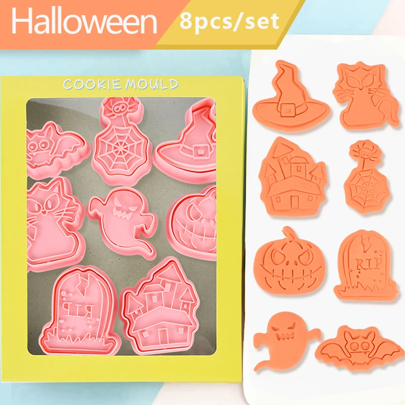 8Pcs Halloween Cookie Cutters Cartoon Pumpkin Ghost Cat Pressable Biscuit Stamp Mold Halloween DIY Baking Cake Decorating Tools