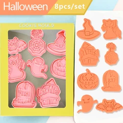 8Pcs Halloween Cookie Cutters Cartoon Pumpkin Ghost Cat Pressable Biscuit Stamp Mold Halloween DIY Baking Cake Decorating Tools