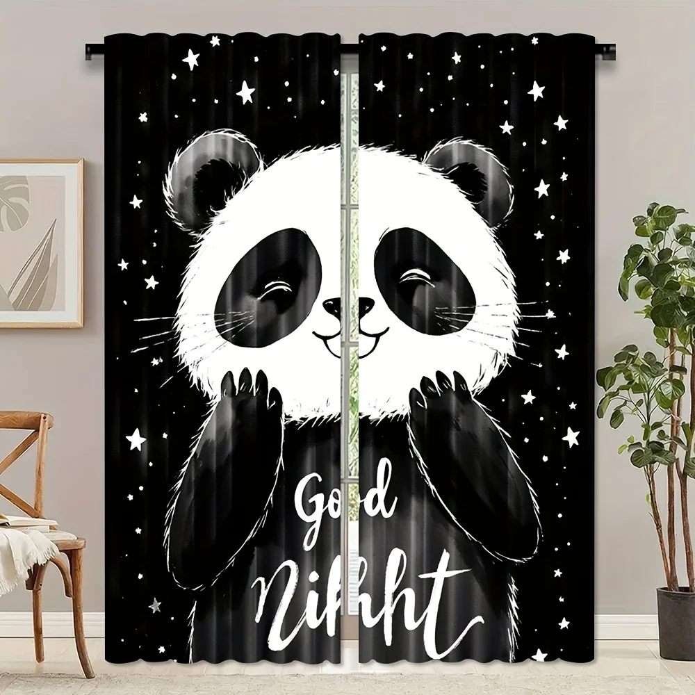 Cute Panda Curtains, Good Night Starry Sky Graphic Window Drapes, Kids Nursery Bedroom Decor, Blackout Fabric for Girls