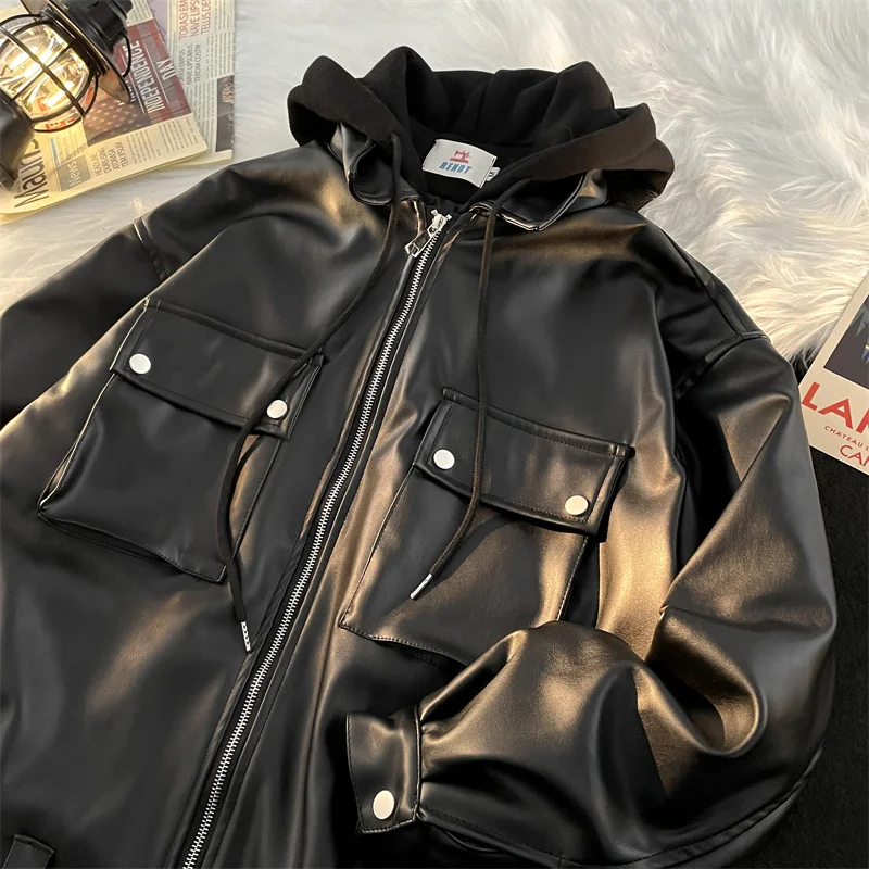 American Style PU Leater Hooded Coats Women Man Spring Autumn Long Sleeves Zipper Loose Jacket Fashion Trend Motorcycle Tops