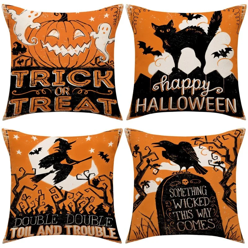 

4PCS Halloween Throw Pillow Covers Halloween Decor Pumpkin Witch Farmhouse,Festive Ghost Bat Caster Trick or Treat Decorations