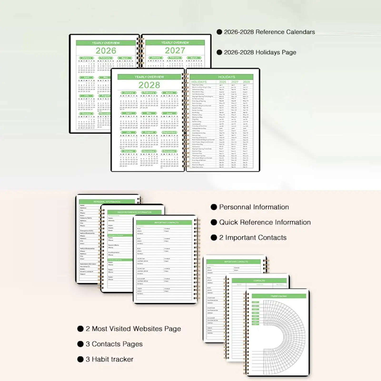 2026-2028 플래너 연간 플래너 코일 바인딩 저널 36개월 탭 포함 학교 대학 직장 비즈니스 작업 가정용