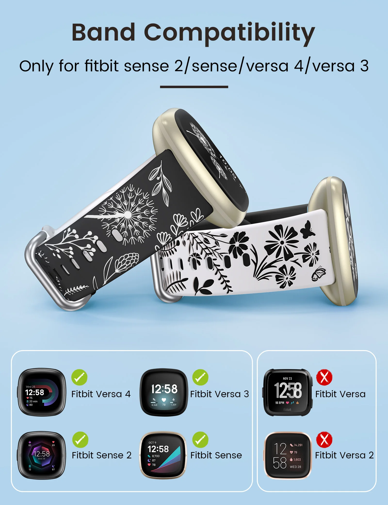 Wearlizer 2 packs Floral Engraved Band for Fitbit Versa 4/Versa 3/Sense 2/Sense Bands Women Two-Tone Soft Silicone Sport Strap