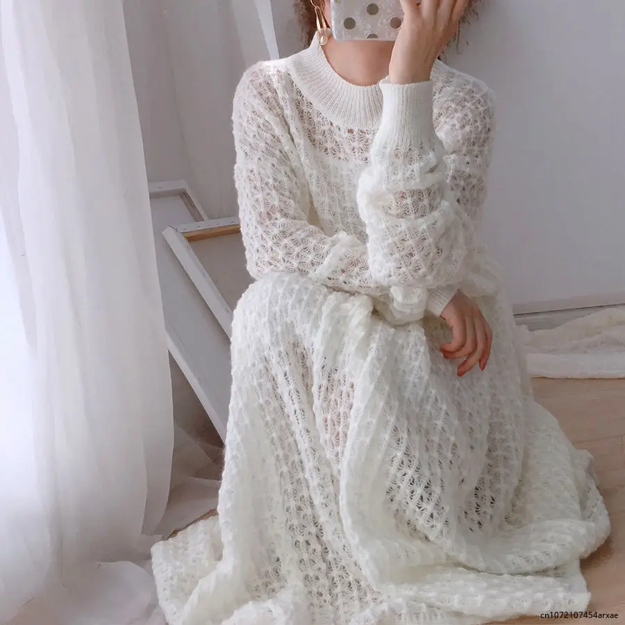 

White Kawaii Loose Hollow Knitted New Sweater Suit Skirt Two-Piece Knitted 2 Pieces Set 2023 Women Office Lady Pullovers Sweater