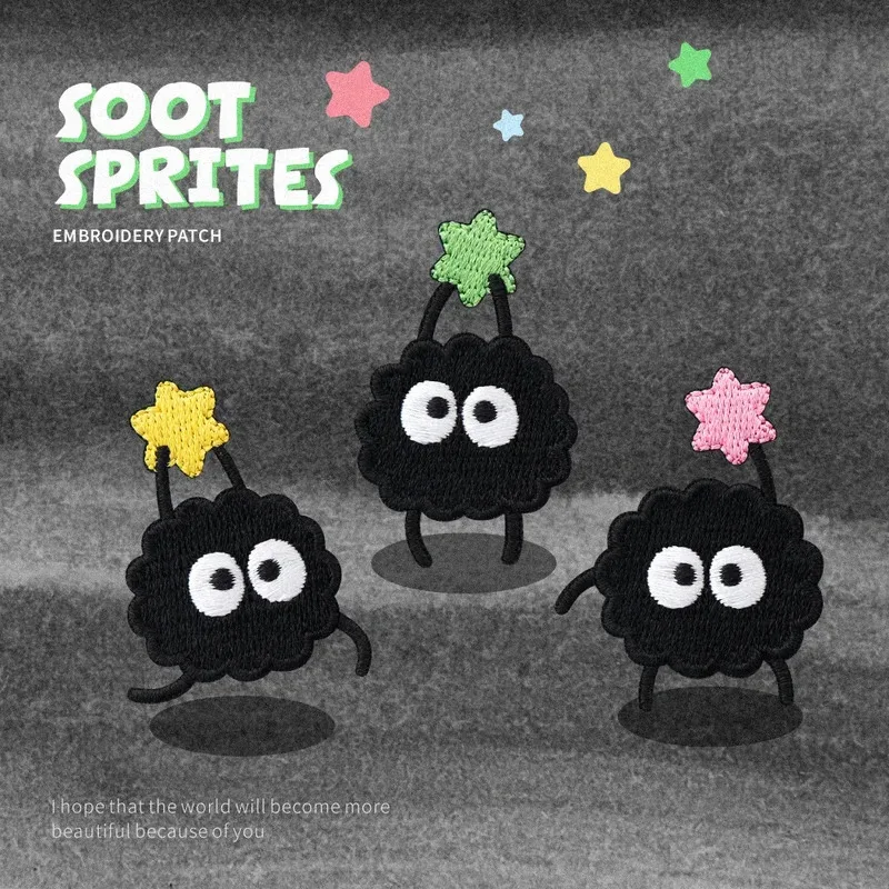 ملصق قماش مطرز، نمط فحم لطيف، قطعة واحدة، تصميم كرتوني أسود، رقعة ذاتية اللصق للملابس