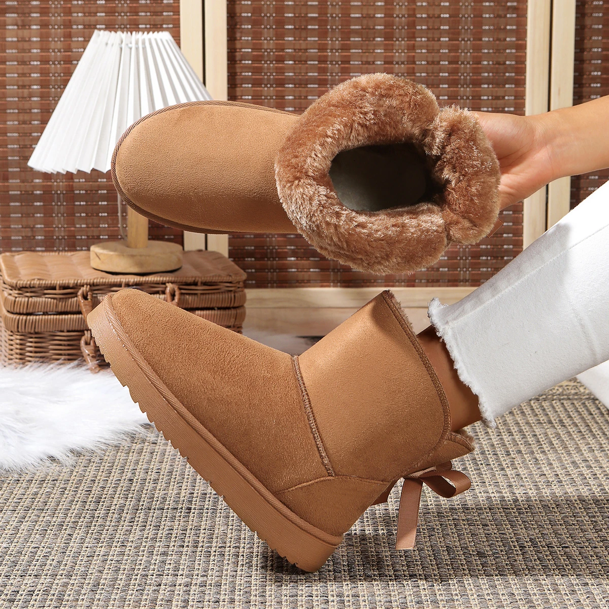 

Женские ботильоны без шнуровки из искусственной замши, мягкая обувь, зимние ботинки на толстой плюшевой платформе, женская зимняя теплая хлопковая обувь на меху