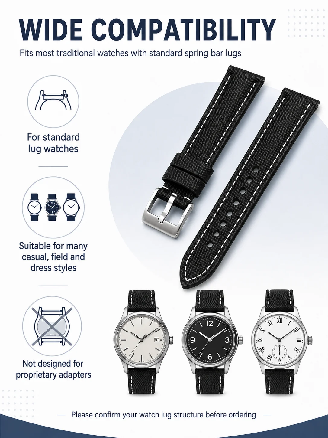 18-24mm Nylon Echtleder Uhrenarmband Canvas-Textur Ersatz-Uhrenband Edelstahlschnalle – Detail 7