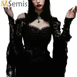 Gothic See Through Shrug Tops Grunge Aesthetic Black Flare Sleeve Crop Top Women Streetwear Vintage Punk Sexy Clothing