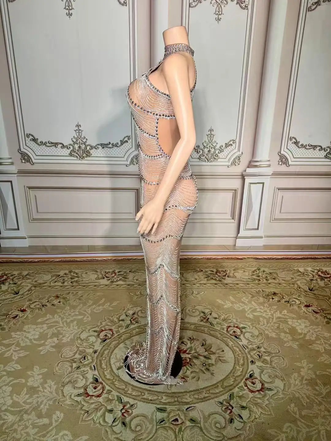 Vestido transparente con cristales de diseño a la moda, disfraz de noche para celebración de cumpleaños, malla transparente
