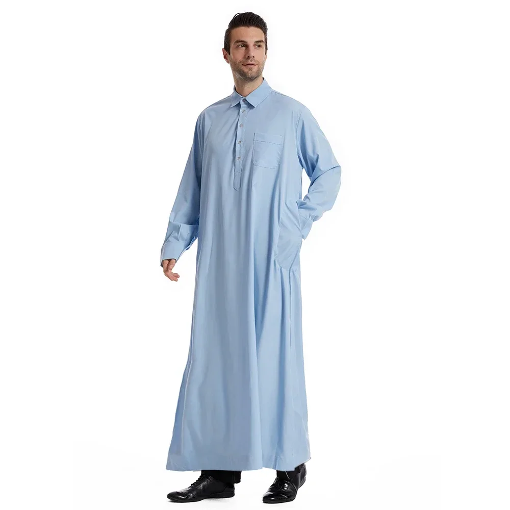 Arabic Men Robe Burrons Collars Pocket Casual Maxi Dress Islamic Muslim Clothing Ramadan Jubba Thobe Dubai Turkey Abaya Abayas