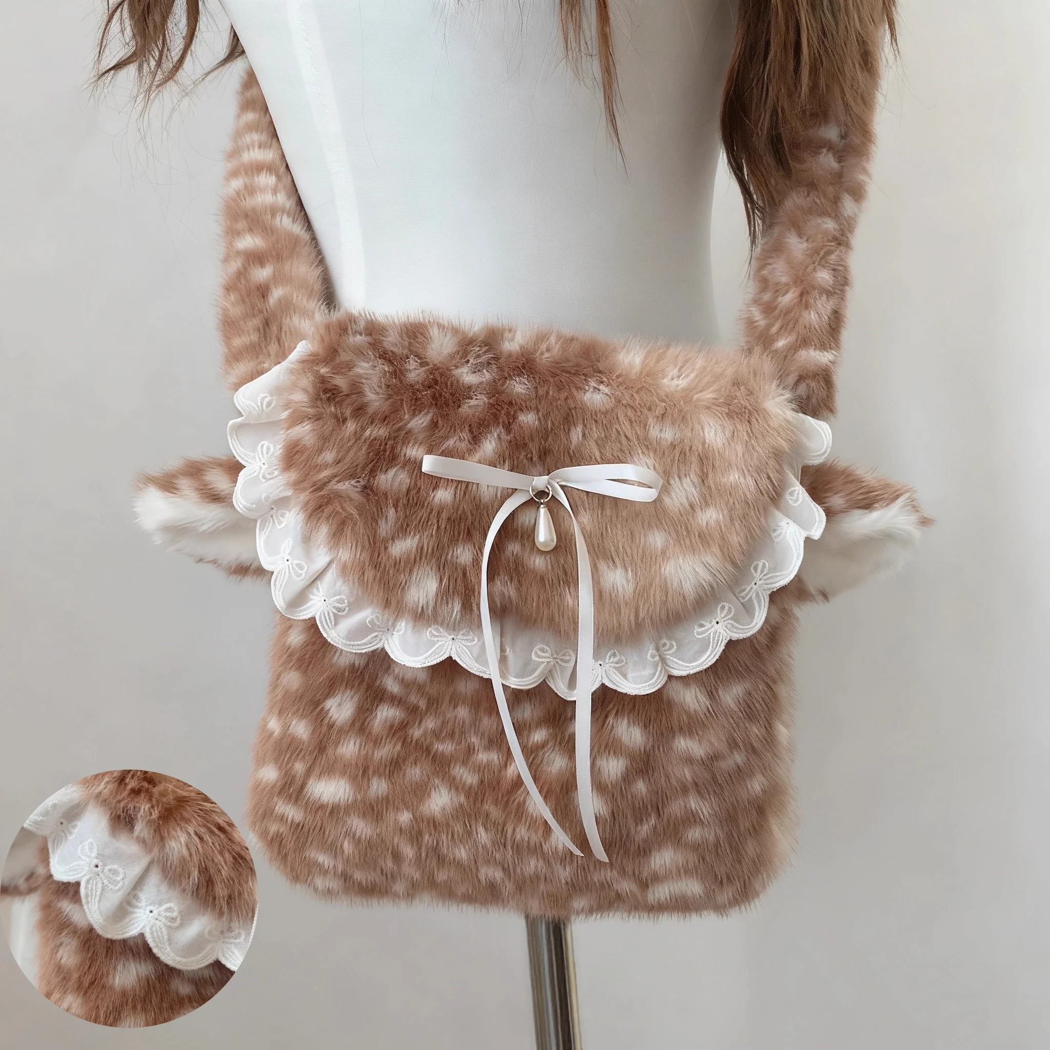 

Японская зимняя милая плюшевая сумка ручной работы в стиле Лолиты, женская кавайная пушистая кружевная сумка с бантом, косой крест JK, рождественская сумка для аксессуаров