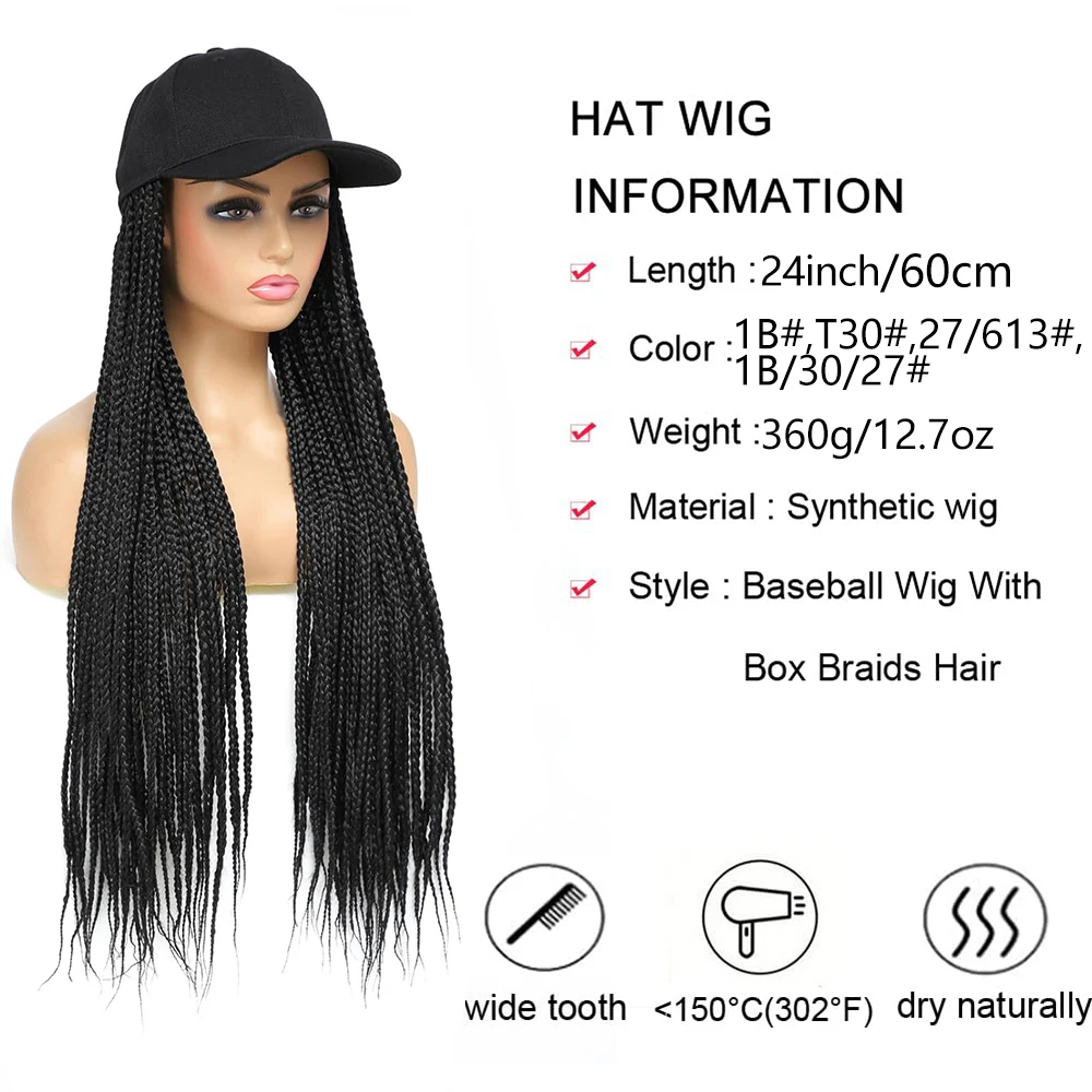 วิกผมทรงหมวกเบสบอล 24 นิ้ว แบบถักเปียกล่อง พร้อมหมวก ต่อผมสีออมเบร ผมสังเคราะห์ วิกผมทรงหมวกพร้อมผมถักเปียยาว
