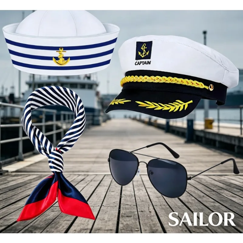 4-piece Navy Captain Hat with Pilot Sunglasses UV Protective Sailor Hat Party Dress Up 4-piece Hat Set