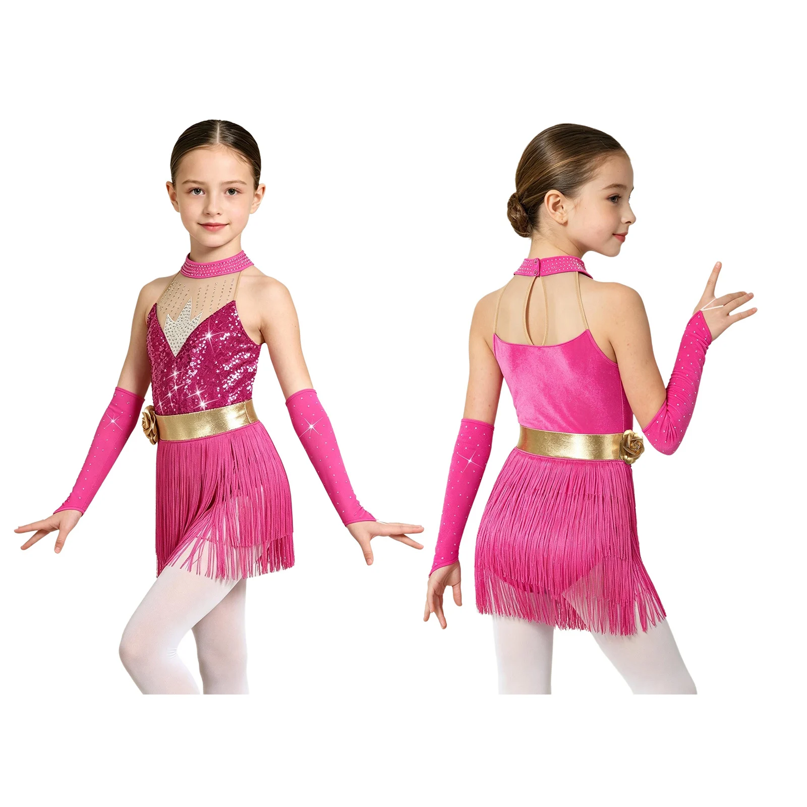 Kids Girls Sequin Rhinestone Mesh Tassel Fairy Latin Dance Leotard Dress with Gloves Halloween Carnival Theme Party Costume