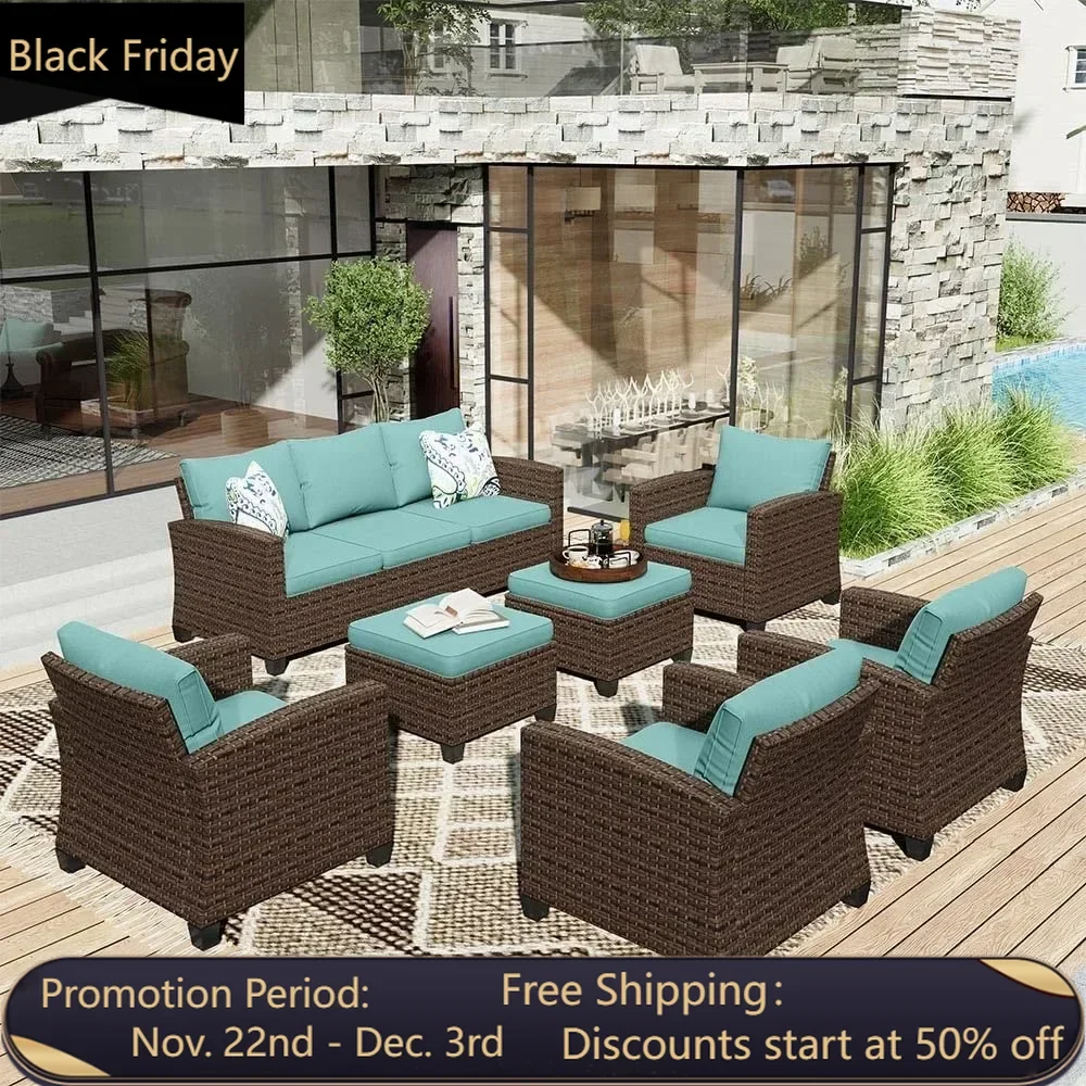 7-Piece Patio Furniture Sets, Outdoor Wicker Furniture with Rattan Chairs, 3-Seat Couch with Ottomans, Patio