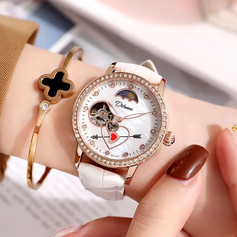 Women's Mechanical Watch with Diamond Tourbillon Moon Phase Waterproof Luminous Women's Watch Casual Automatic Sports Watch