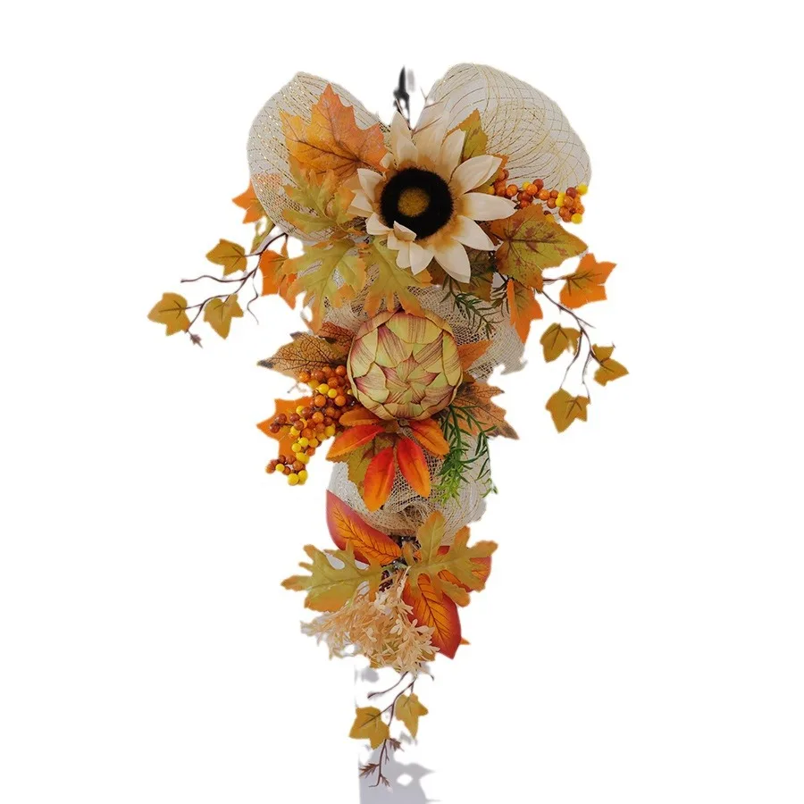 Cross-border wholesale rattan upside-down tree, new autumn color sun wreath style mesh pumpkin pine cone, Europe and America view 4