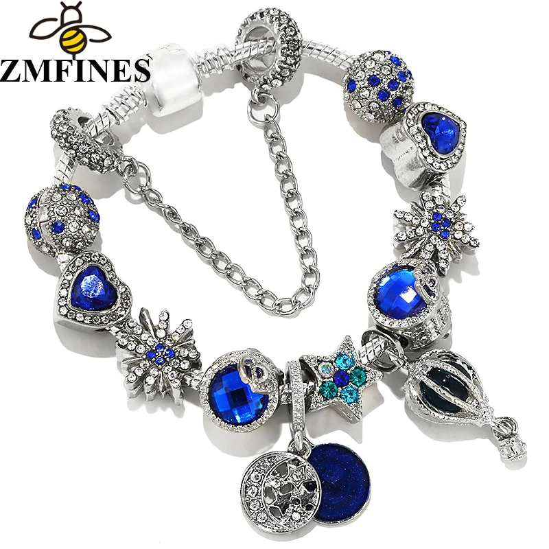 女性と子供のためのクラシックな青いクリスタルスターチャーム,ビーズペンダント,スネークチェーン,ブレスレット,DIYジュエリー,特別オファー