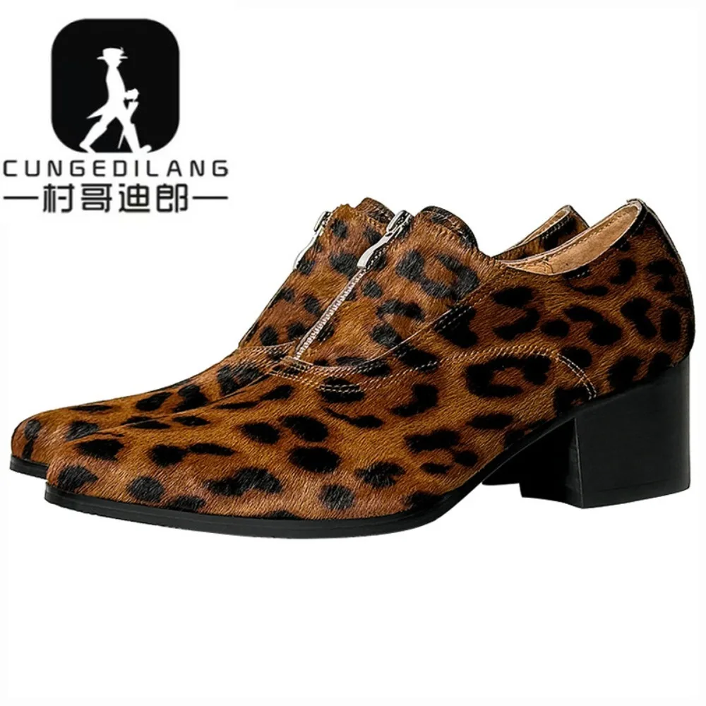 High Heeled Casual Business Leathers Shoes Men Classic Wedding Formal Social Shoes Men Retro Men's Leopard Print Dress Shoes
