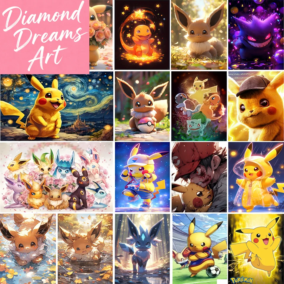 Pokémon 5D DIY Diamant-Malerei-Set Pikachu Mosaik Anime-Bilder Funkelndes Diamant-Malerei-Bastelset Ideal für Heimdekoration, Rahmen