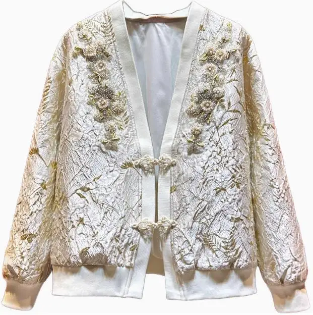 Europe and the United States women's 2024 winter new Long sleeve V-neck disc buckle bead fashion Jacquard jacket