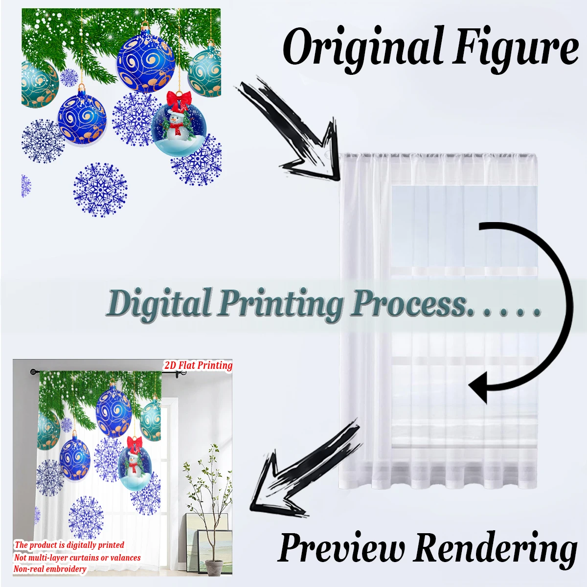 ستارة شفافة مطبوعة مسطحة لعيد الميلاد مع زخرفة رجل الثلج على شكل كرة عيد الميلاد لغرفة المعيشة وغرفة النوم وحفلات العطلات