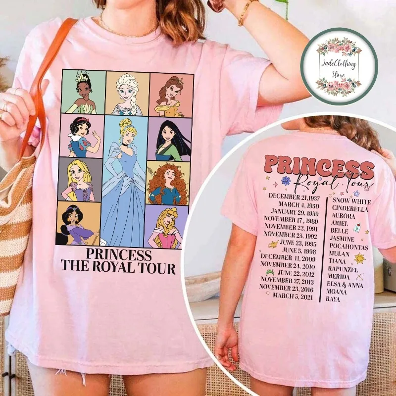 T-shirt da donna Disney Princess Royal Tour Girls' Tour Nuova moda casual da uomo e da donna per coppia Street Wear