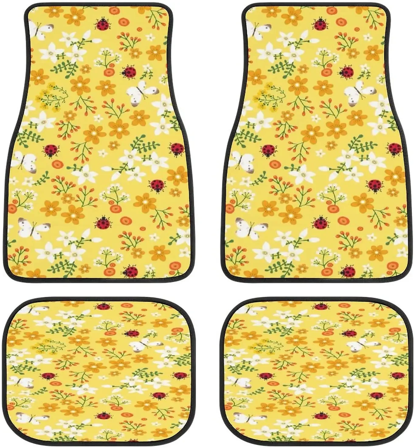 Yellow Floral Plants Bikini Car Mats Front&Rear 4-Piece Full Set Carpet Car SUV Truck Floor Mats with Non Slip Back